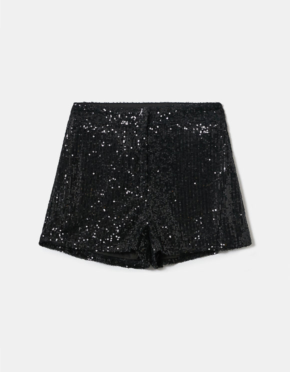 Ladies Black Short Sequined Shorts-Ghost Front View
