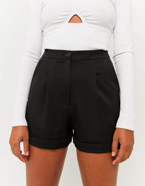 Women's High Waist Black Shorts Model Close Up View