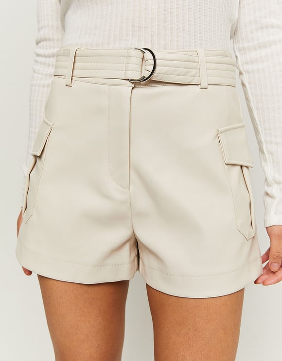 Ladies Beige Leather Faux Shorts-Side View
