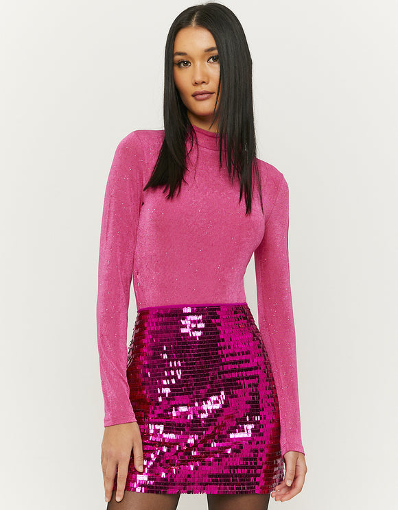 Ladies Sequined Pink Mini Skirt-Model Front View