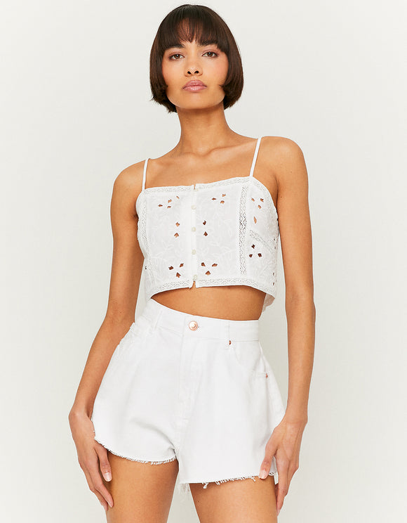 White Cropped Embroidery Top - Model Front View