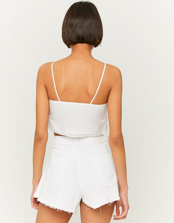 White Cropped Embroidery Top - Model Rear View