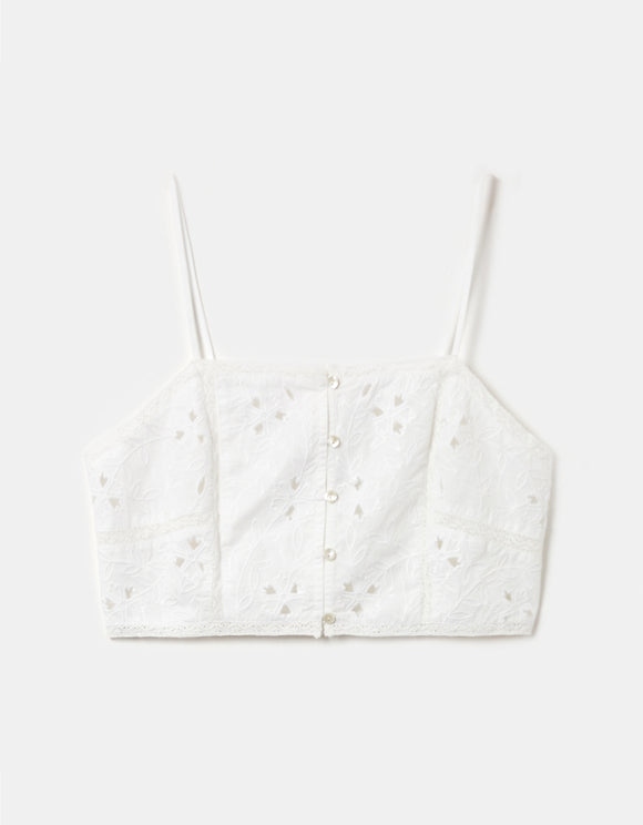 White Cropped Embroidery Top - Front View