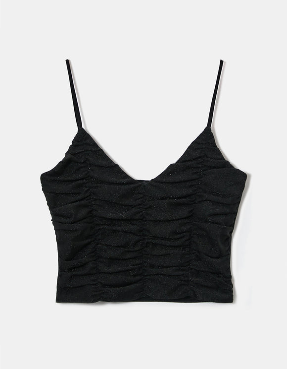 Ladies Black Lurex Gathered Cropped Top-Ghost Front View