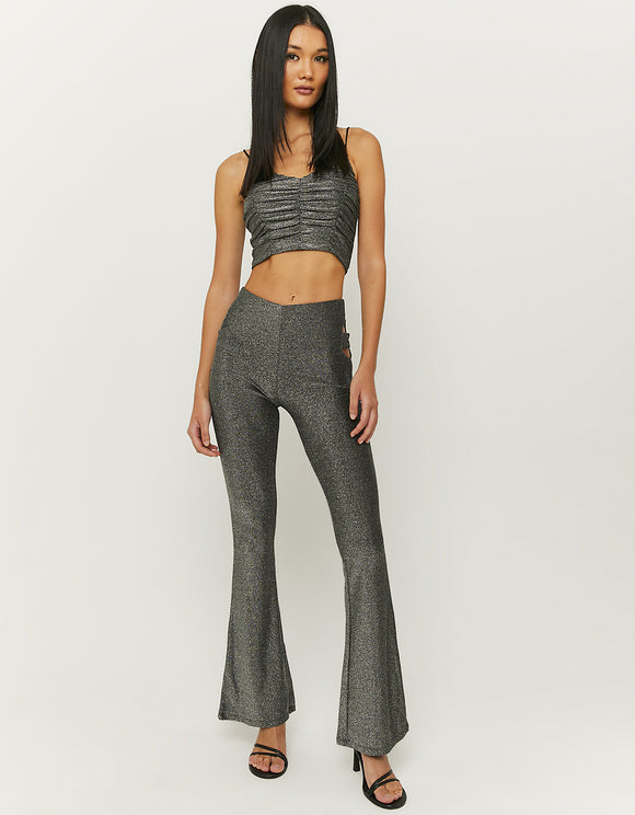 Ladies Grey Lurex Gathered Cropped Top-Model Front View