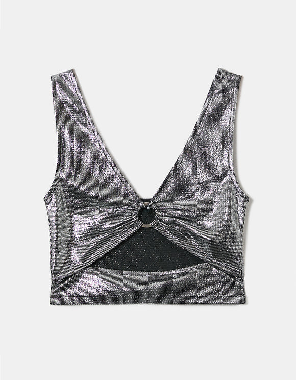 Ladies Cut Out Grey Party Top-Ghost Front View