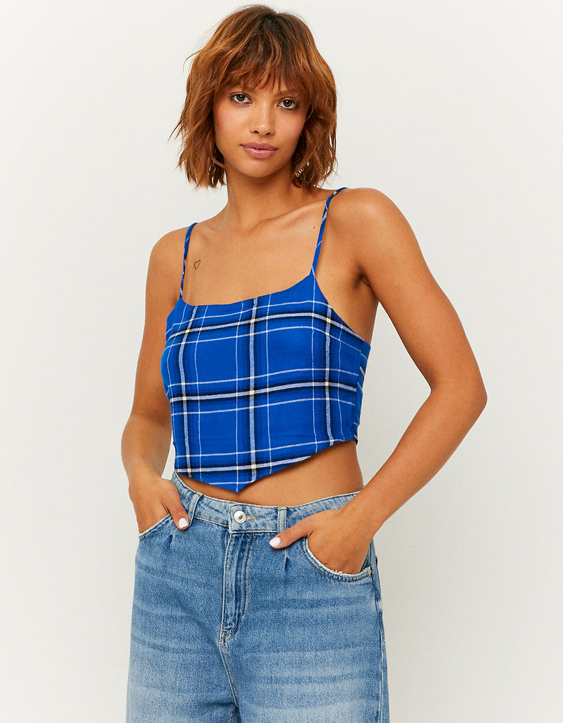 Ladies Blue Checked Crop Top-Model Front View