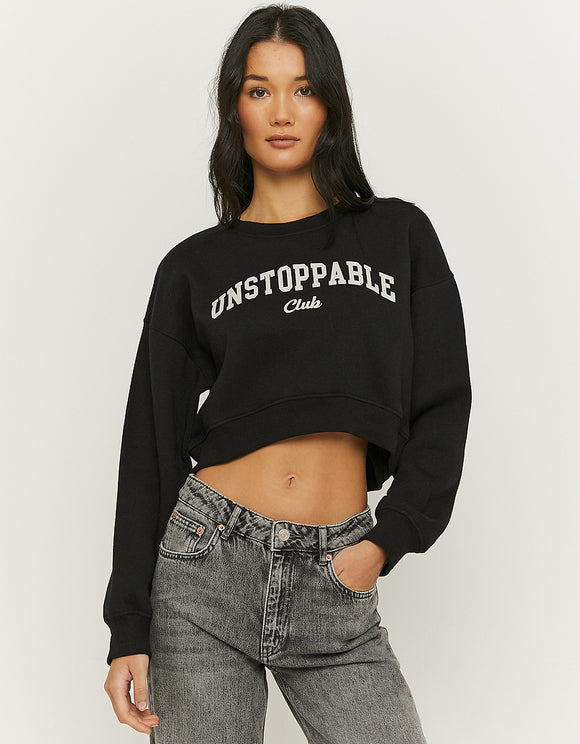 Ladies Black Cropped Printed Sweatshirt-Front View