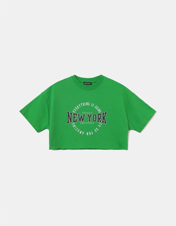 Ladies New York Printed Cropped T-Shirt-Front View