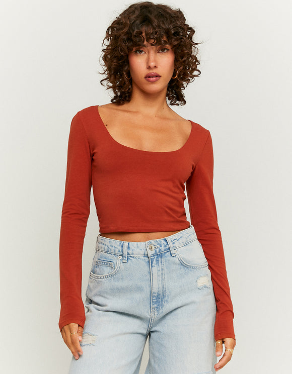 Ladies Basic Fit Red Cropped Top-Model Front View