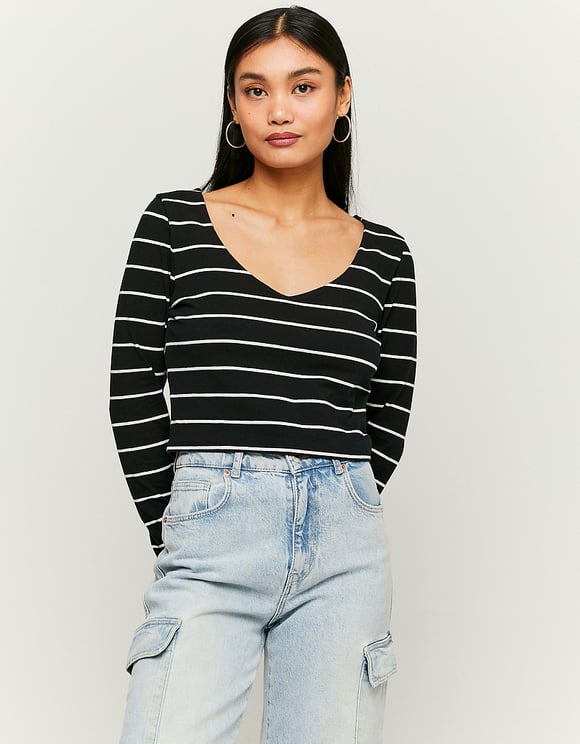 Ladies Black Stripped Basic Top-Front View