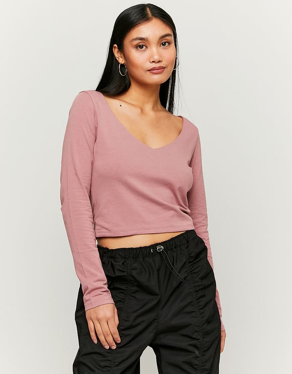 Ladies Pink Cropped Basic Top-Front View