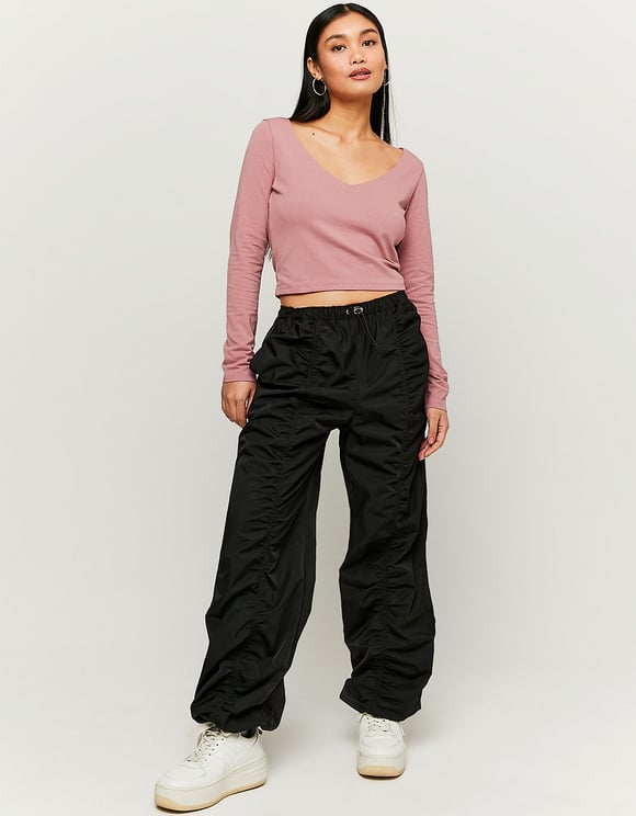 Ladies Pink Cropped Basic Top-Model Front View