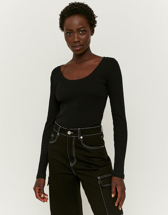 Ladies Black Basic Long Sleeve Top-Model Front View