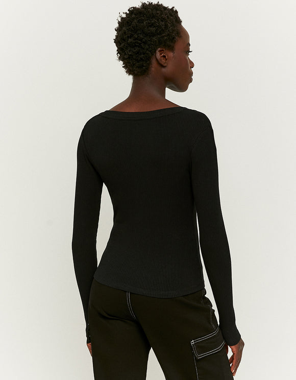 Ladies Black Basic Long Sleeve Top-Model Back View