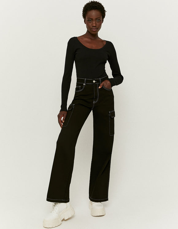 Ladies Black Basic Long Sleeve Top-Model Full Front View