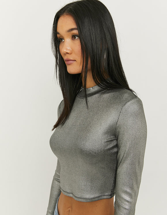 Ladies Long Sleeve Reflective Cropped Top-Close Up View