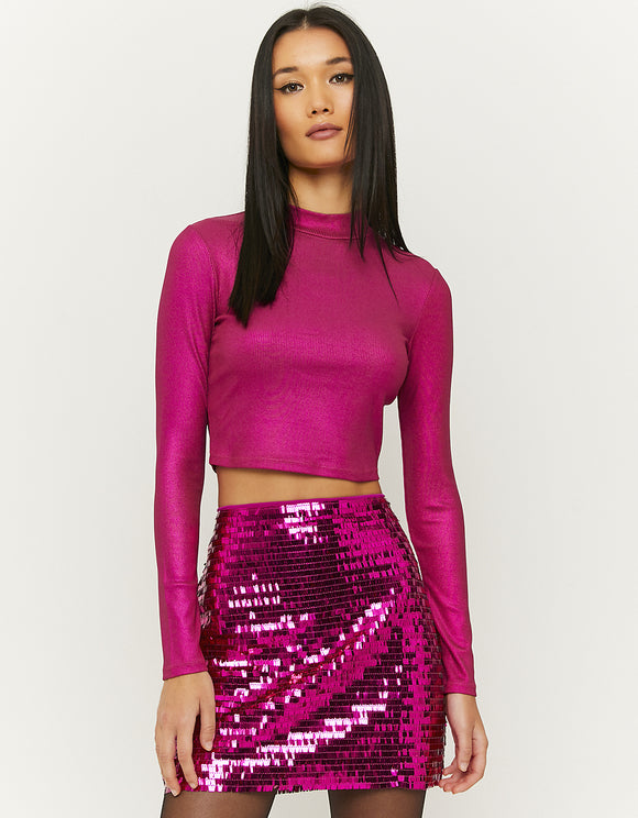 Ladies Long Sleeve Pink Reflective Cropped Top-Front View