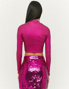 Tally Weijl Long Sleeve Pink Reflective Cropped Top Pink model front view
