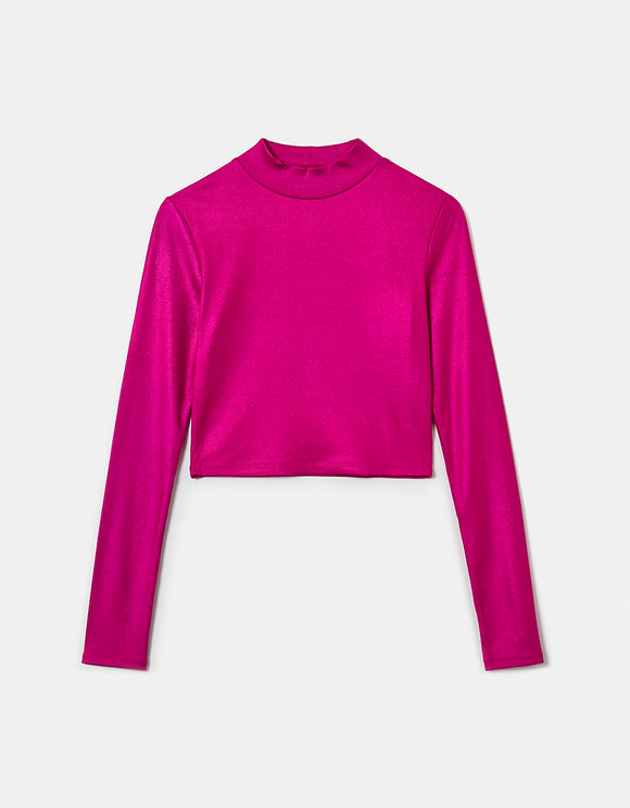 Ladies Long Sleeve Pink Reflective Cropped Top-Ghost Front View