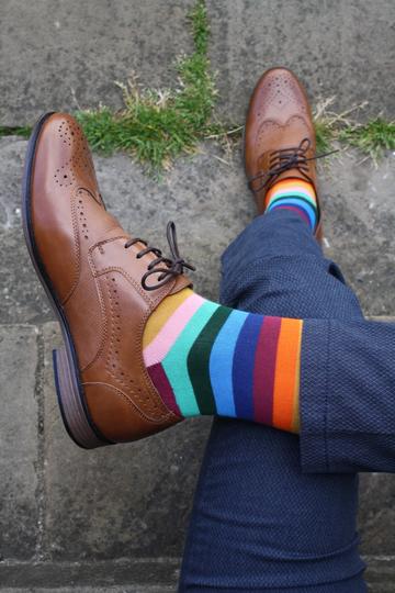 Men's Multi Coloured Fine Stripe Socks-Model View