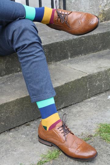 Men's Multi Coloured Block Stripe Socks-Model View