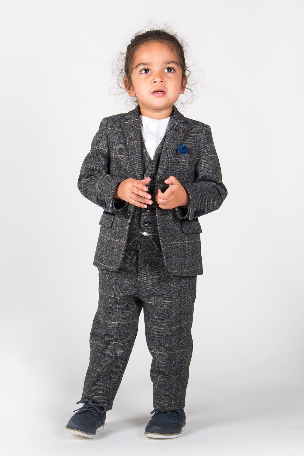 Marc Darcy Boyswear Scott Boy Grey 3 Piece Check Suit GREY model front view
