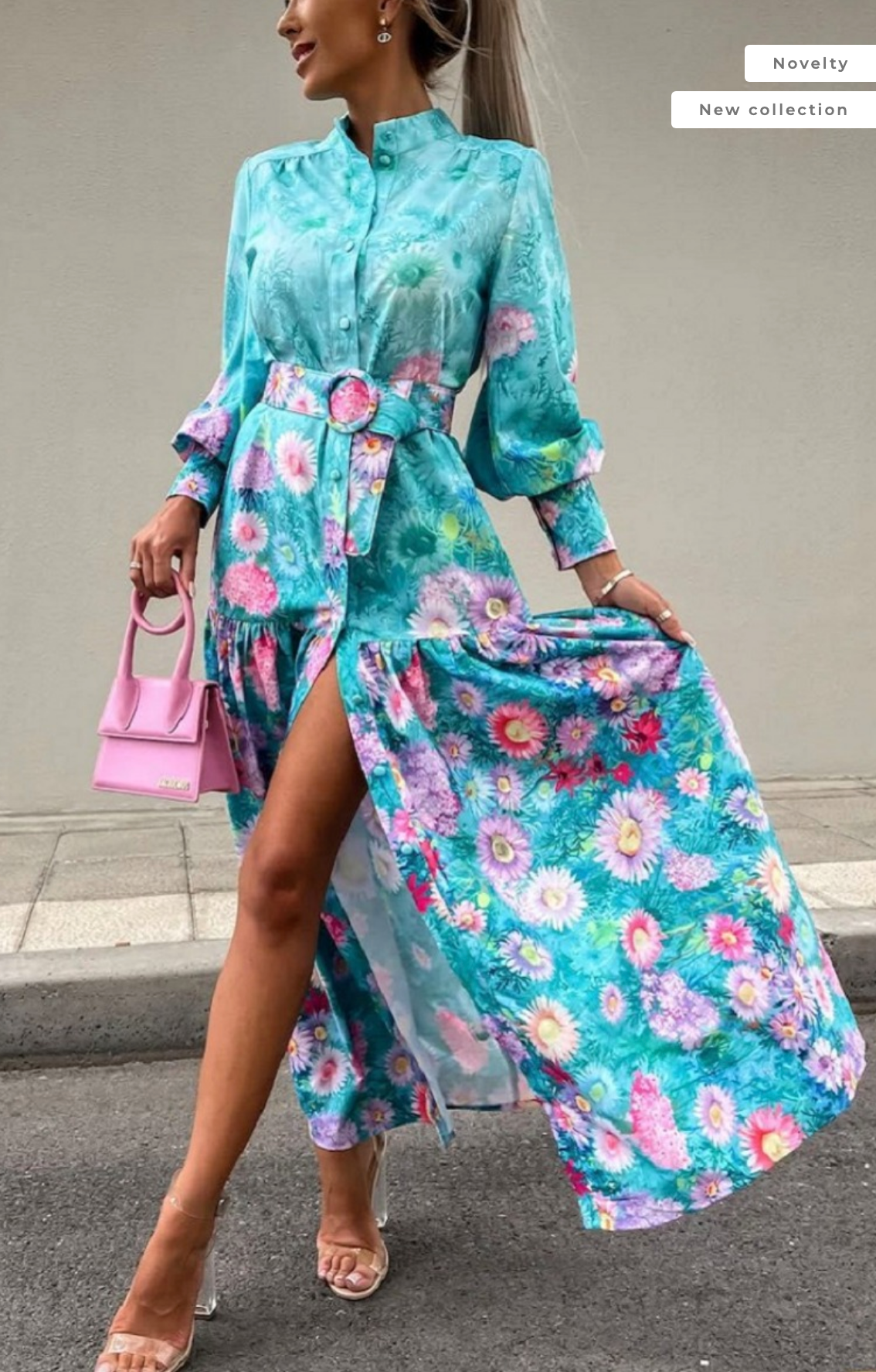 Ladies Maxi Floral Cyan Dress-Front View