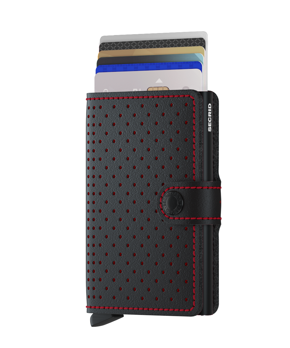 Secrid Perforated Black/Red Miniwallet-Front View with Cards