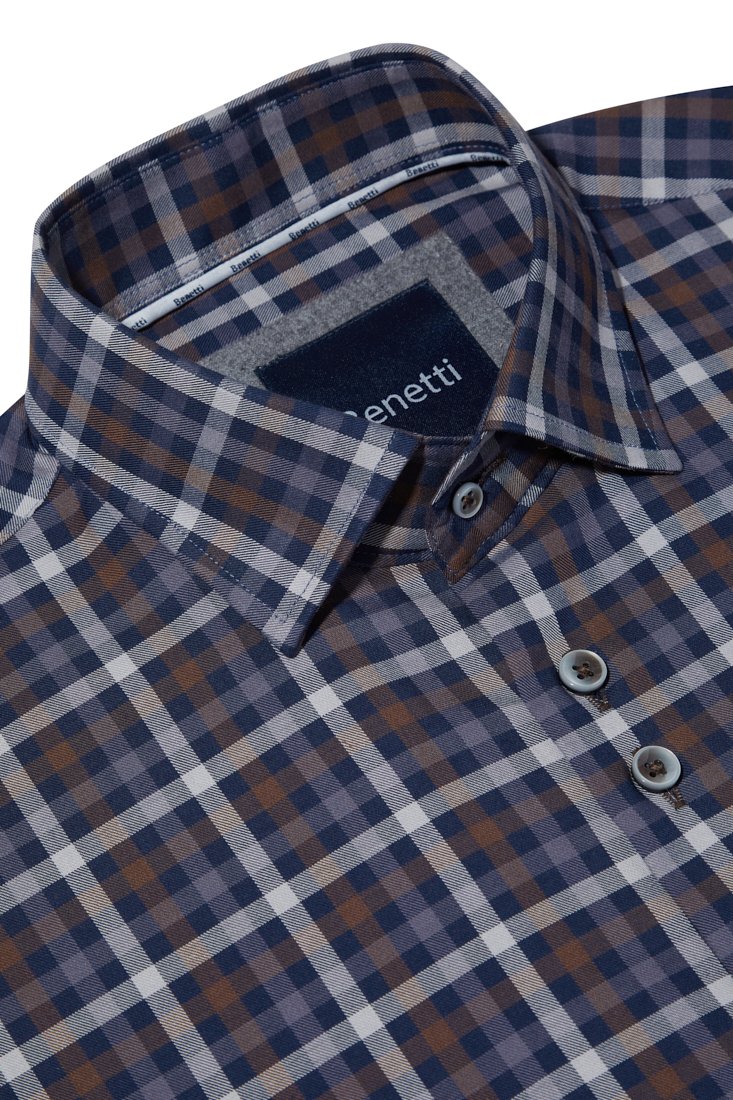 Men's Long Sleeve Victor Coffee Check Shirt-Close up view