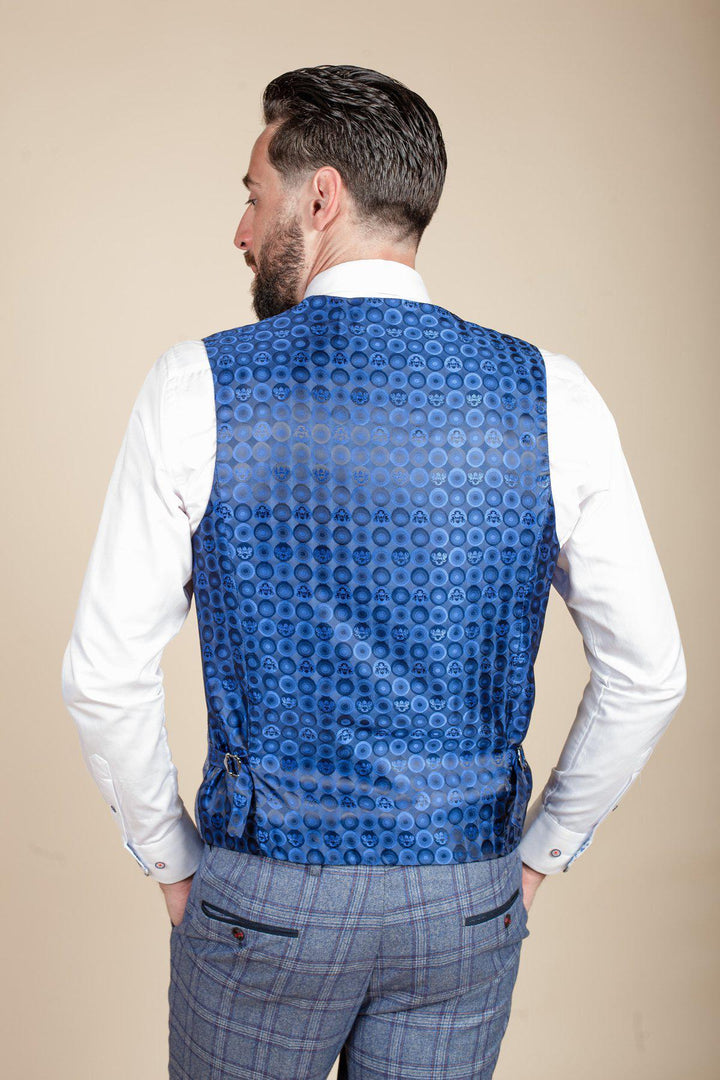 Men's Abbot Blue Check Tweed Waistcoat-Back view