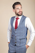 MARC DARCY Abbot Blue Check Tweed Waistcoat Blue front view