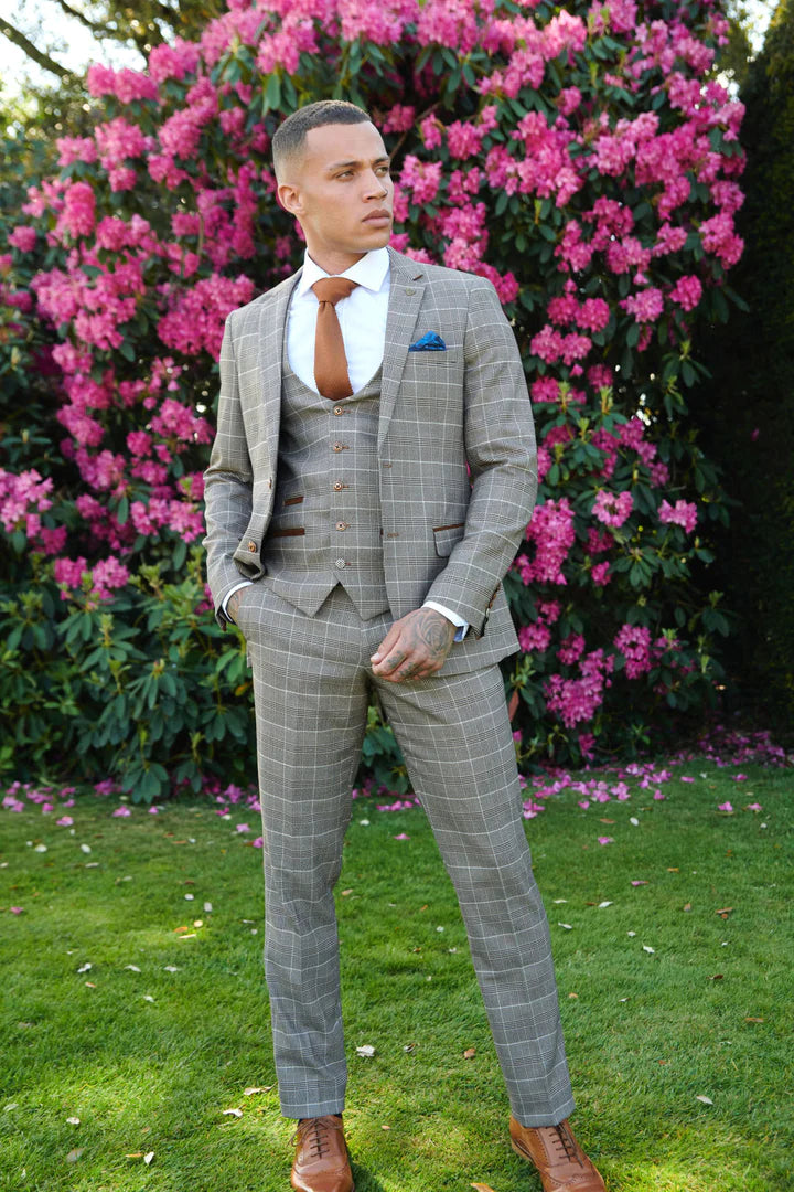 MARC DARCY Ray Tan Check Tapered Fit Trousers TAN back view