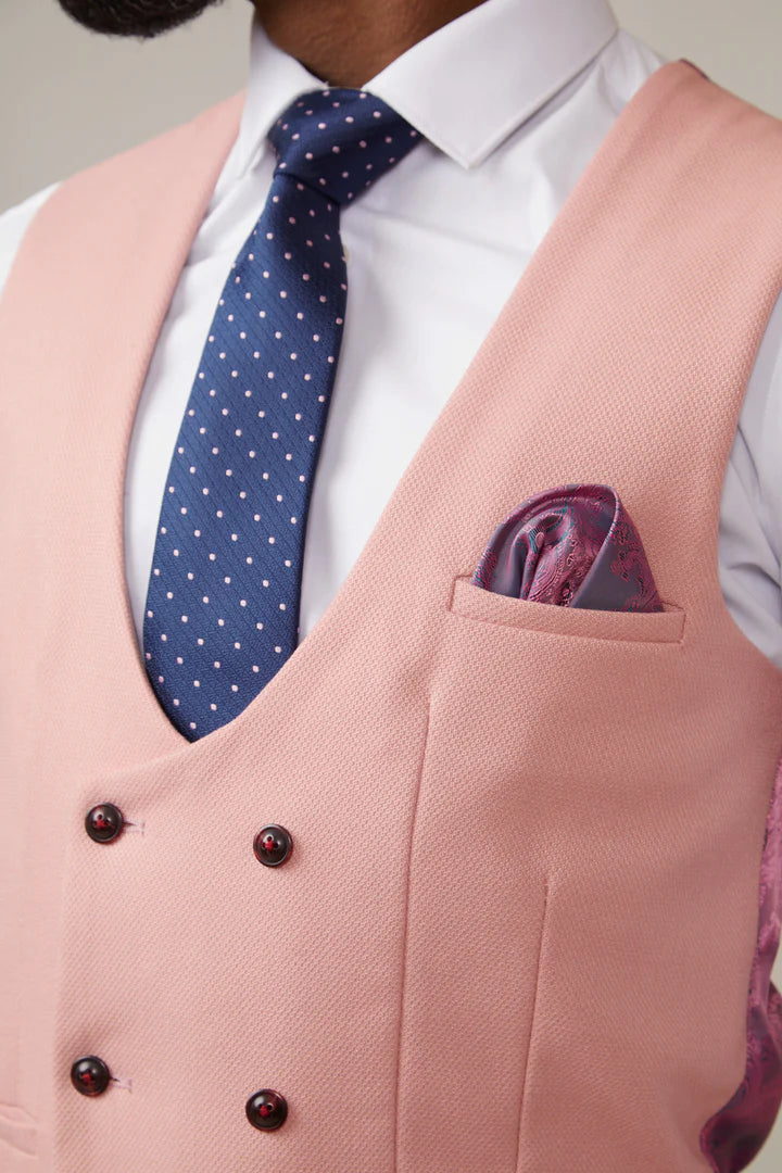 Marc Darcy Kelvin pink double breasted waistcoat close-up view