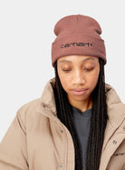 Carhartt WIP Script Beanie-Misty Blush / Vulcan Misty Blush / Vulcan model front view