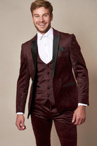 Marc Darcy Simon wine velvet tuxedo blazer front view