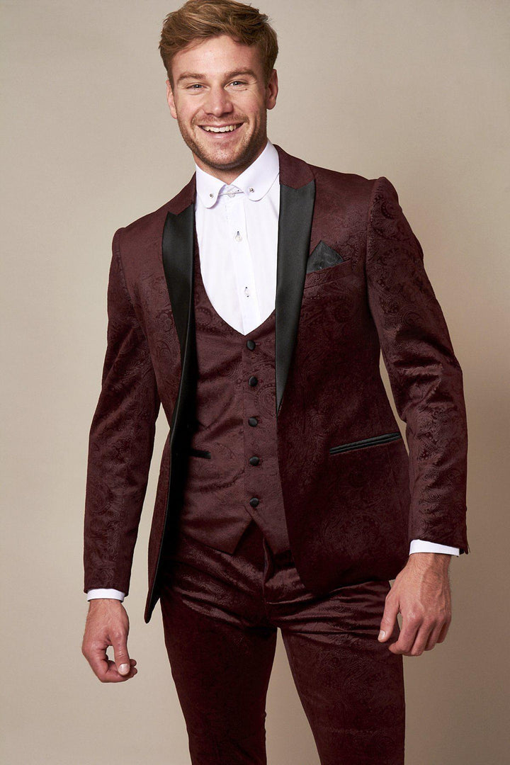 Marc Darcy Simon wine velvet tuxedo blazer front view