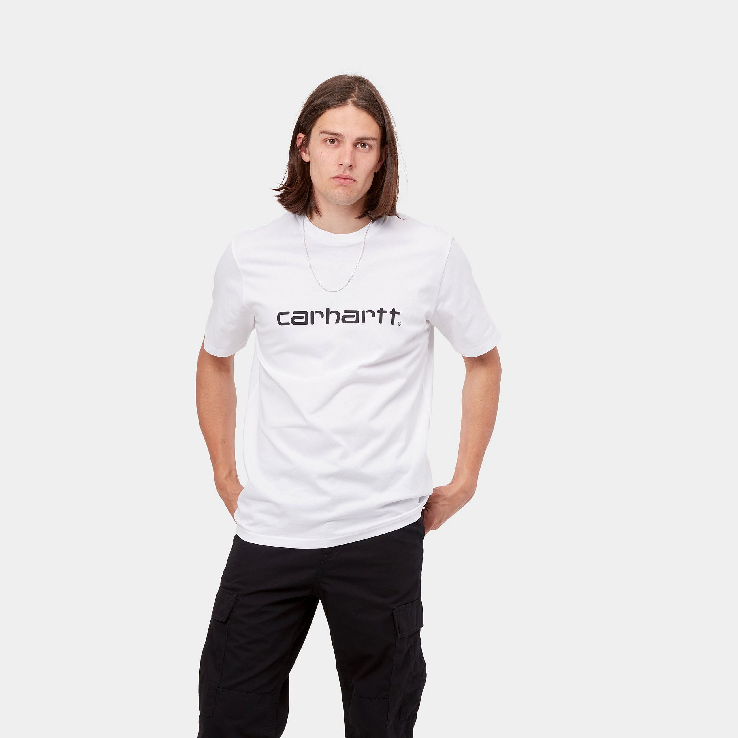 Men's Script S/S T-Shirt/White-Model Front View