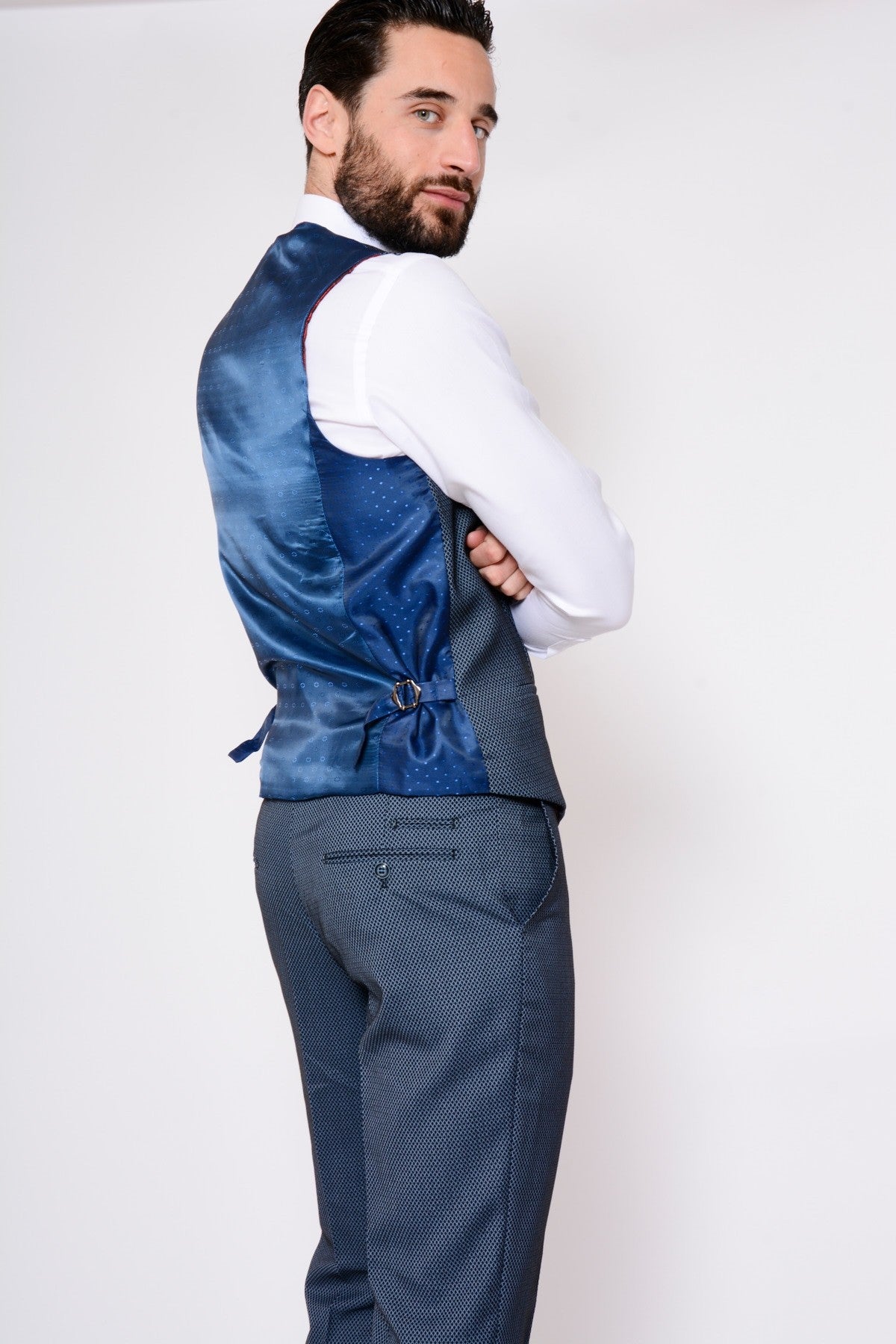 MARC DARCY Sam Blue Lapel Jacquard Waistcoat Navy model front view