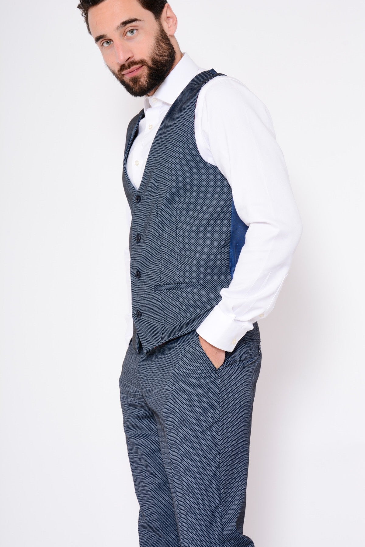 MARC DARCY Sam Blue Lapel Jacquard Waistcoat Navy front view