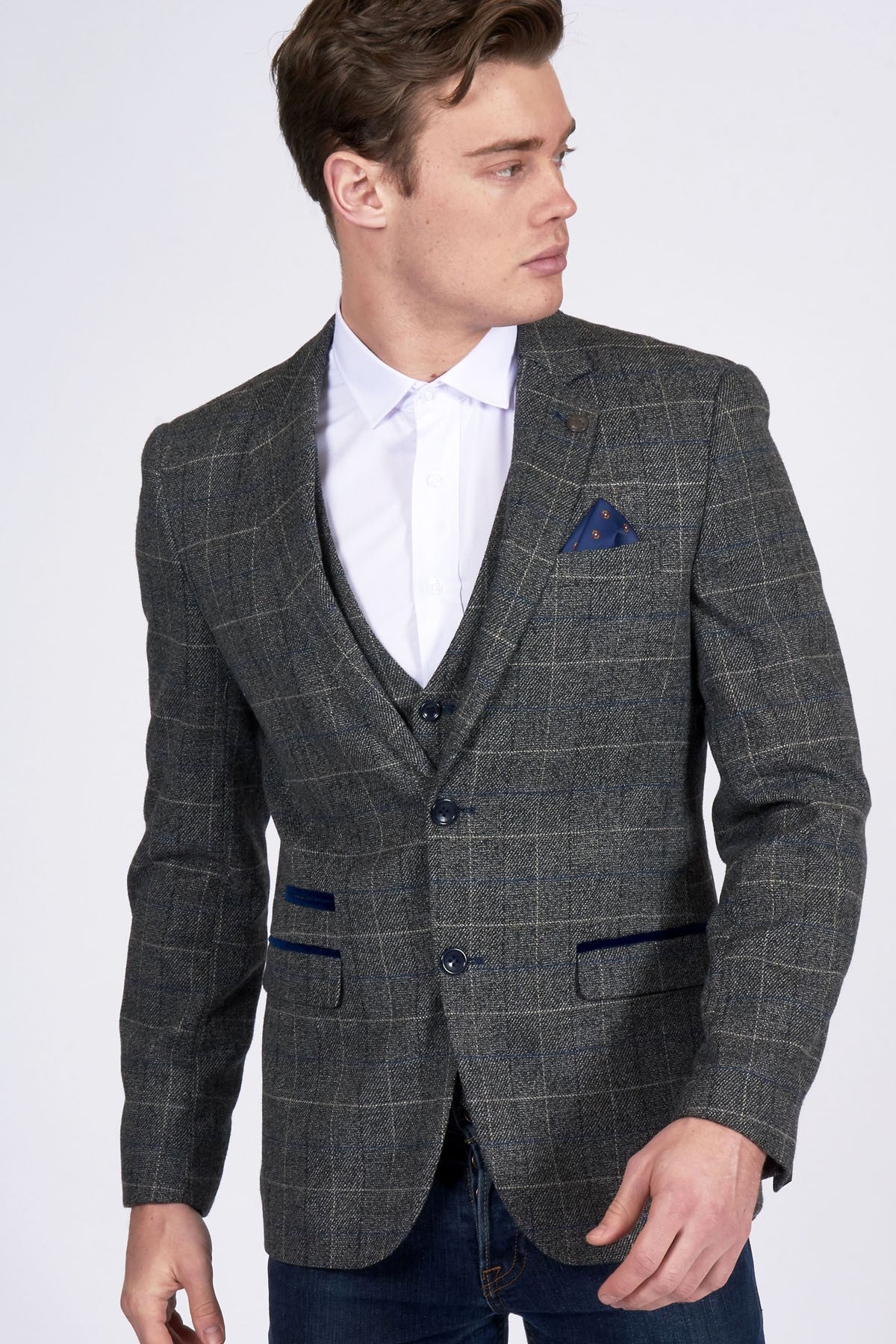 MARC DARCY Scott Multi Check Tweed Blazer by Marc Darcy London Blue model front view