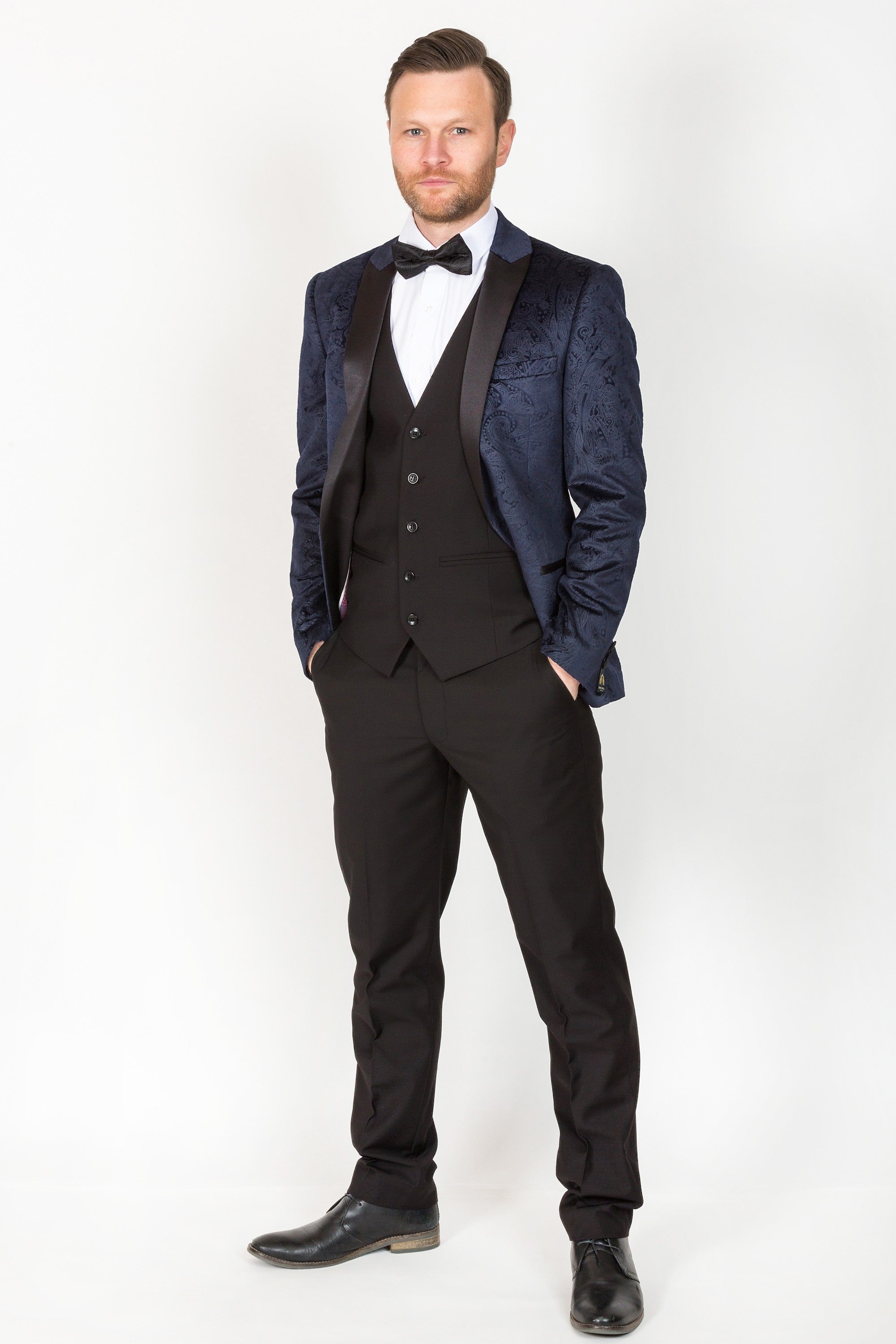 MARC DARCY Simon Velvet Navy Tux Lapel Jacquard Blazer by Marc Darcy Navy front view