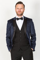 MARC DARCY Simon Velvet Navy Tux Lapel Jacquard Blazer by Marc Darcy Navy model front view