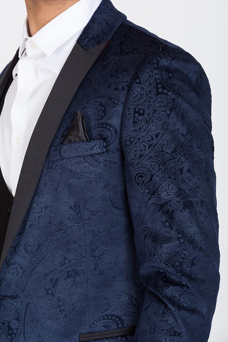 MARC DARCY Simon Velvet Navy Tux Lapel Jacquard Blazer by Marc Darcy Navy detail view