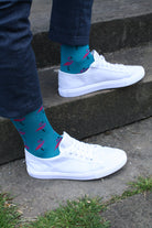 Swole Panda Flamingo Bamboo Socks Blue/Pink model front view