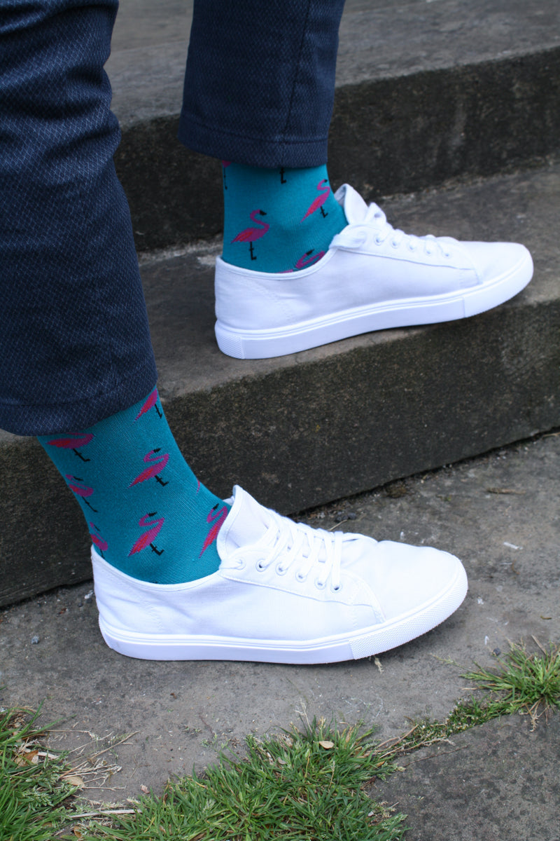 Swole Panda Flamingo Bamboo Socks Blue/Pink model front view