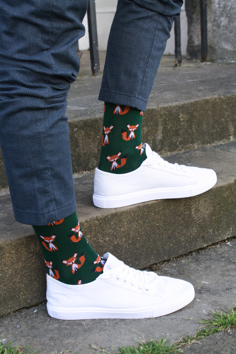 Swole Panda Mr Fox Bamboo Socks Green model front view