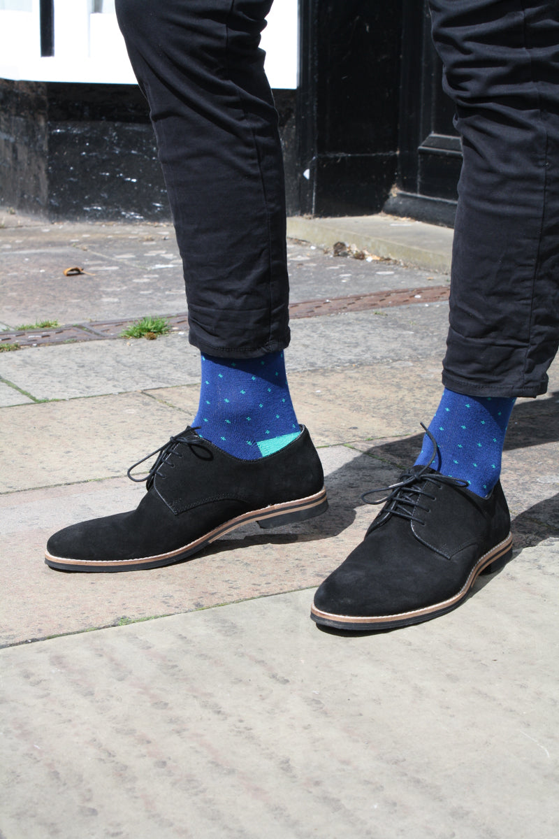 Spotted Navy Green Bamboo Socks-Shoe view