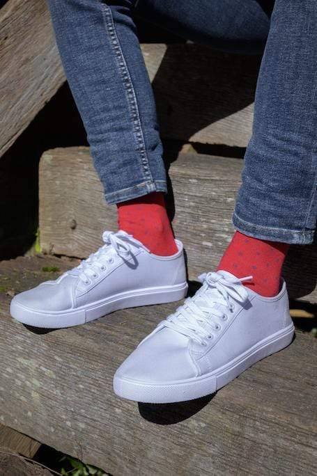 Swole Panda Spotted Bamboo Red Navy Spotted Socks Red model front view