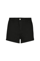Front view of women's high waist black denim shorts